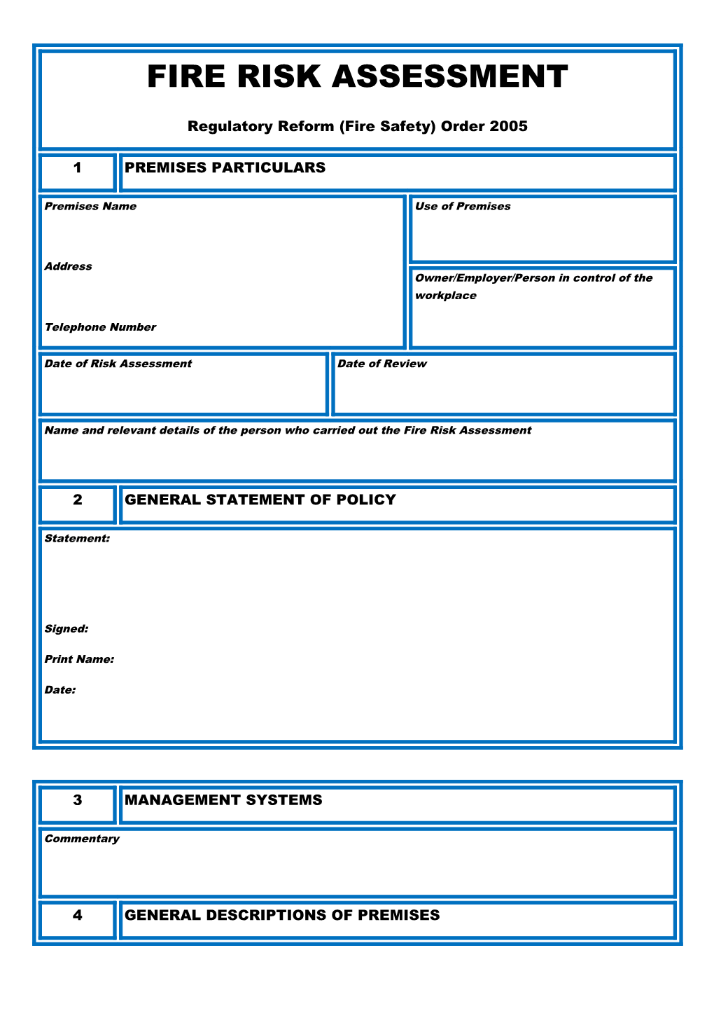 Fire Risk Assessment Form for Completion