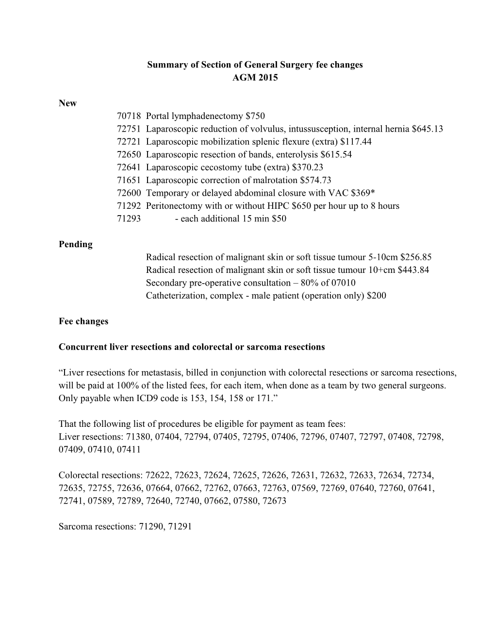 Summary of Section of General Surgery Fee Changes