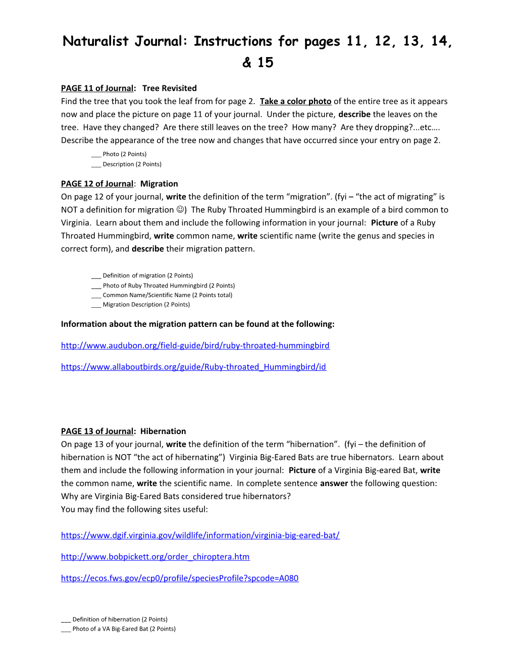 Naturalist Journal: Instructions for Pages 11, 12, 13, 14, & 15