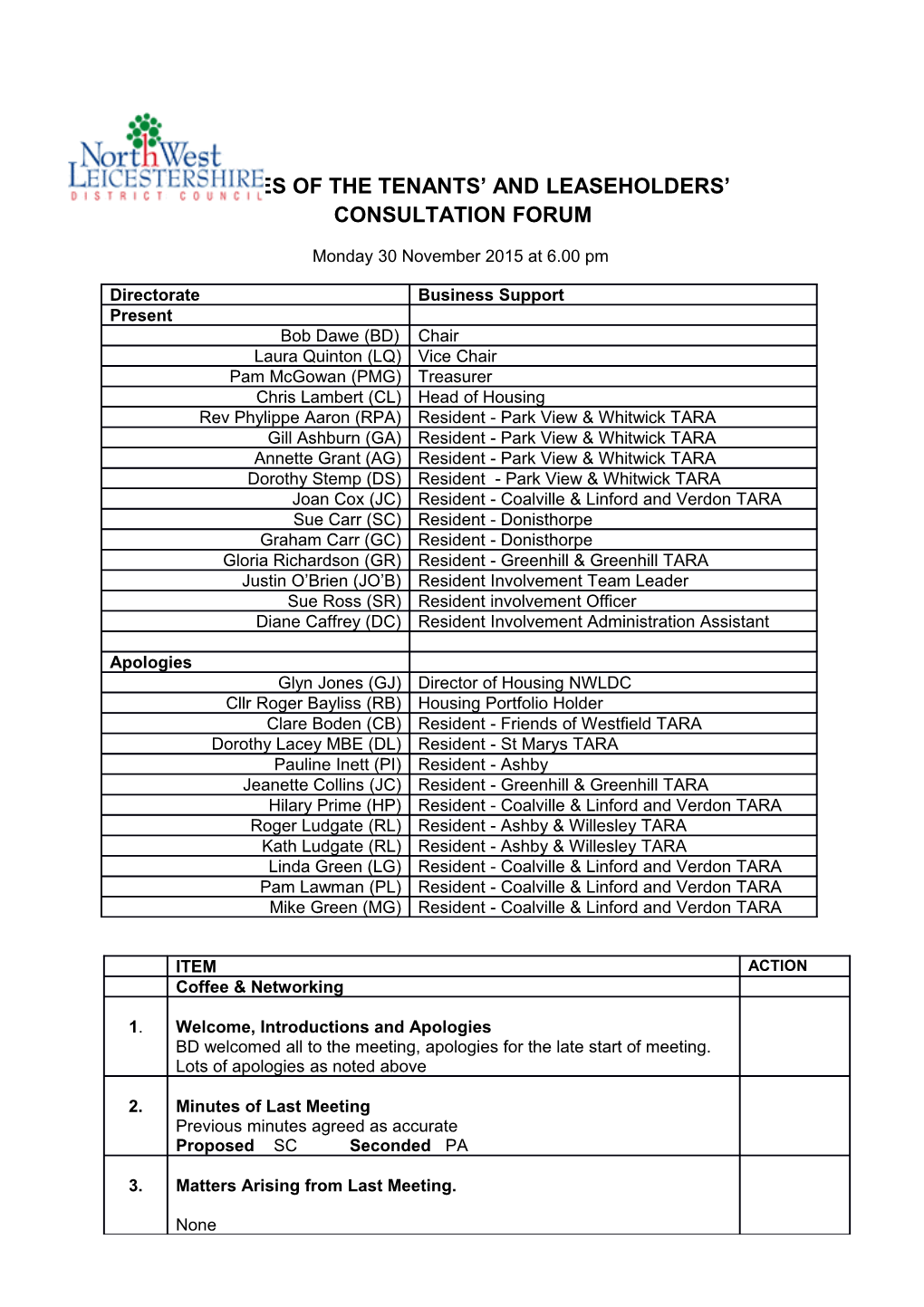 Minutes of the Tenants and Leaseholders