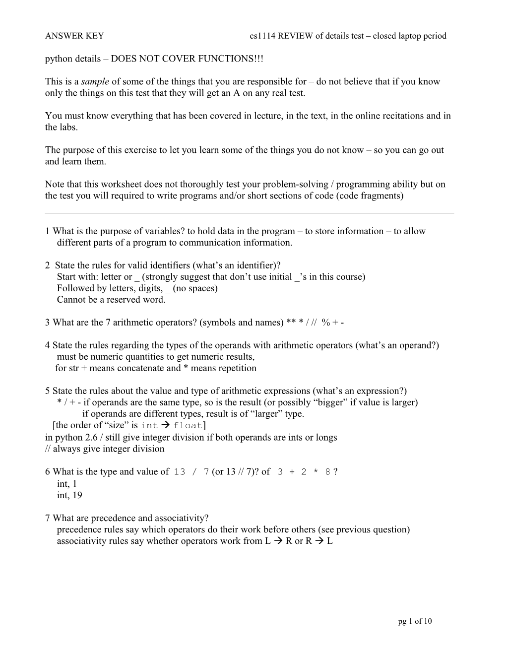 ANSWER KEY Cs1114 REVIEW of Details Test Closed Laptop Period