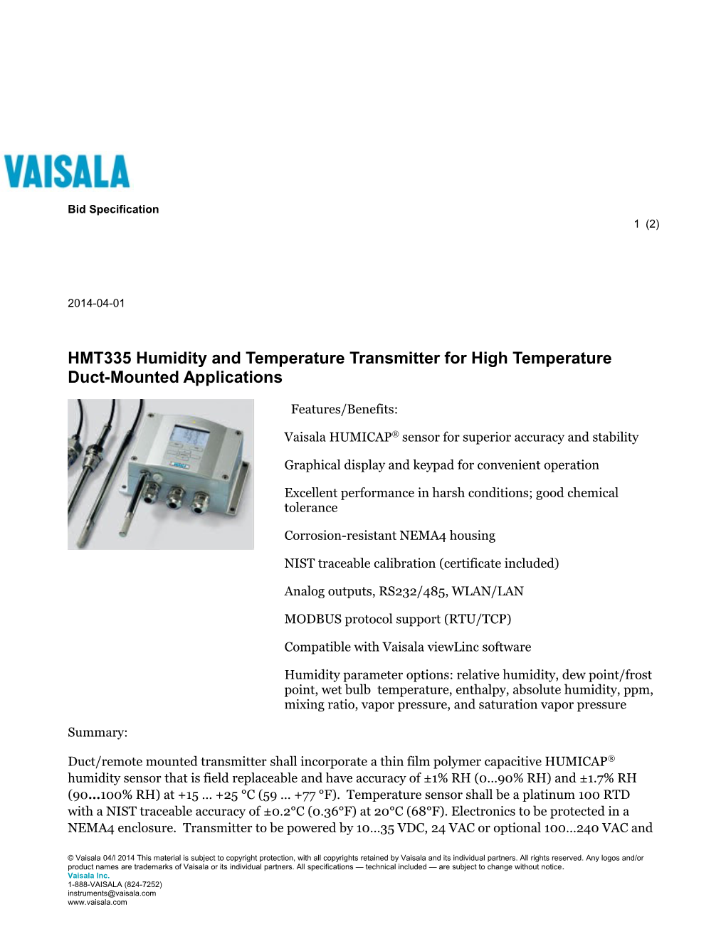 HMT335 Humidity and Temperature Transmitter for High Temperature Duct-Mounted Applications