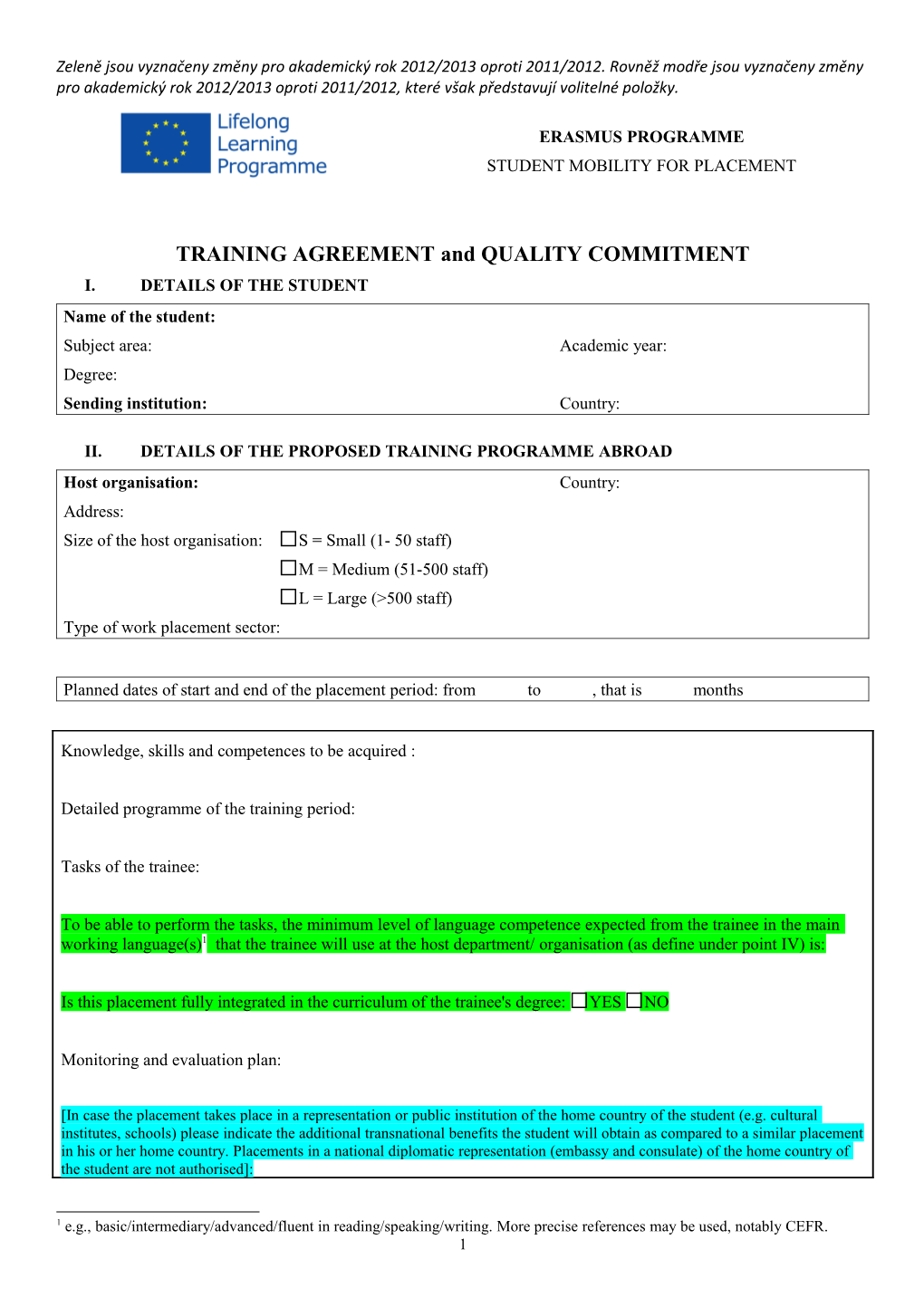 Training Agreement and Quality Commitment