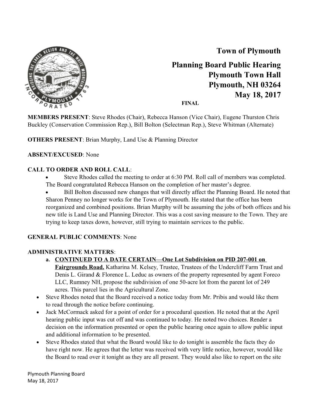 Planning Board Public Hearing