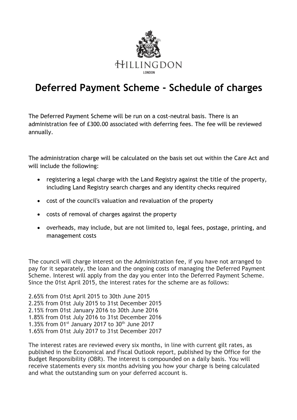 Deferred Payment Scheme - Schedule of Charges