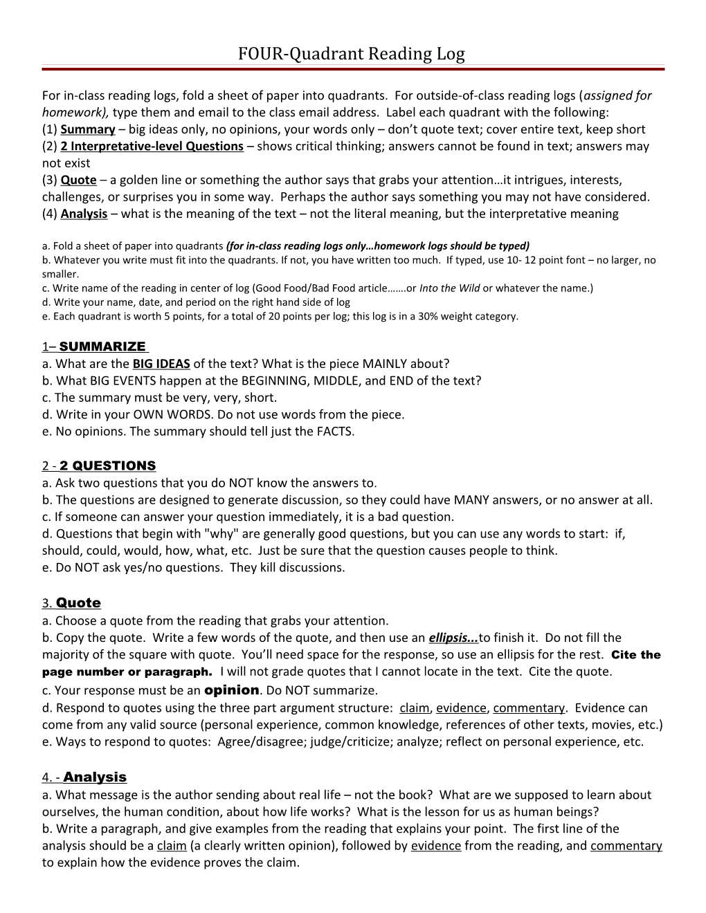 FOUR-Quadrant Reading Log