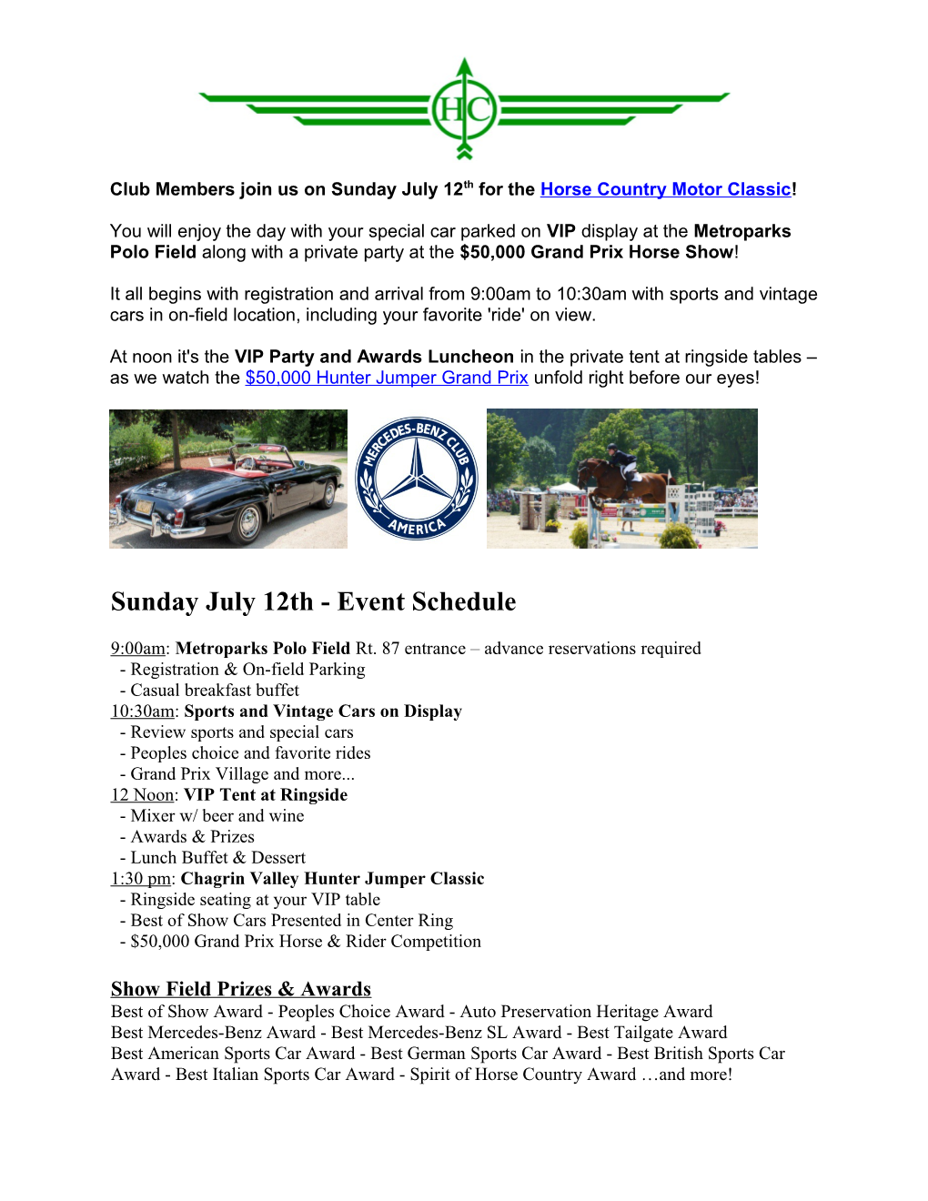 Club Members Join Us on Sunday July 12Th for the Horse Country Motor Classic !