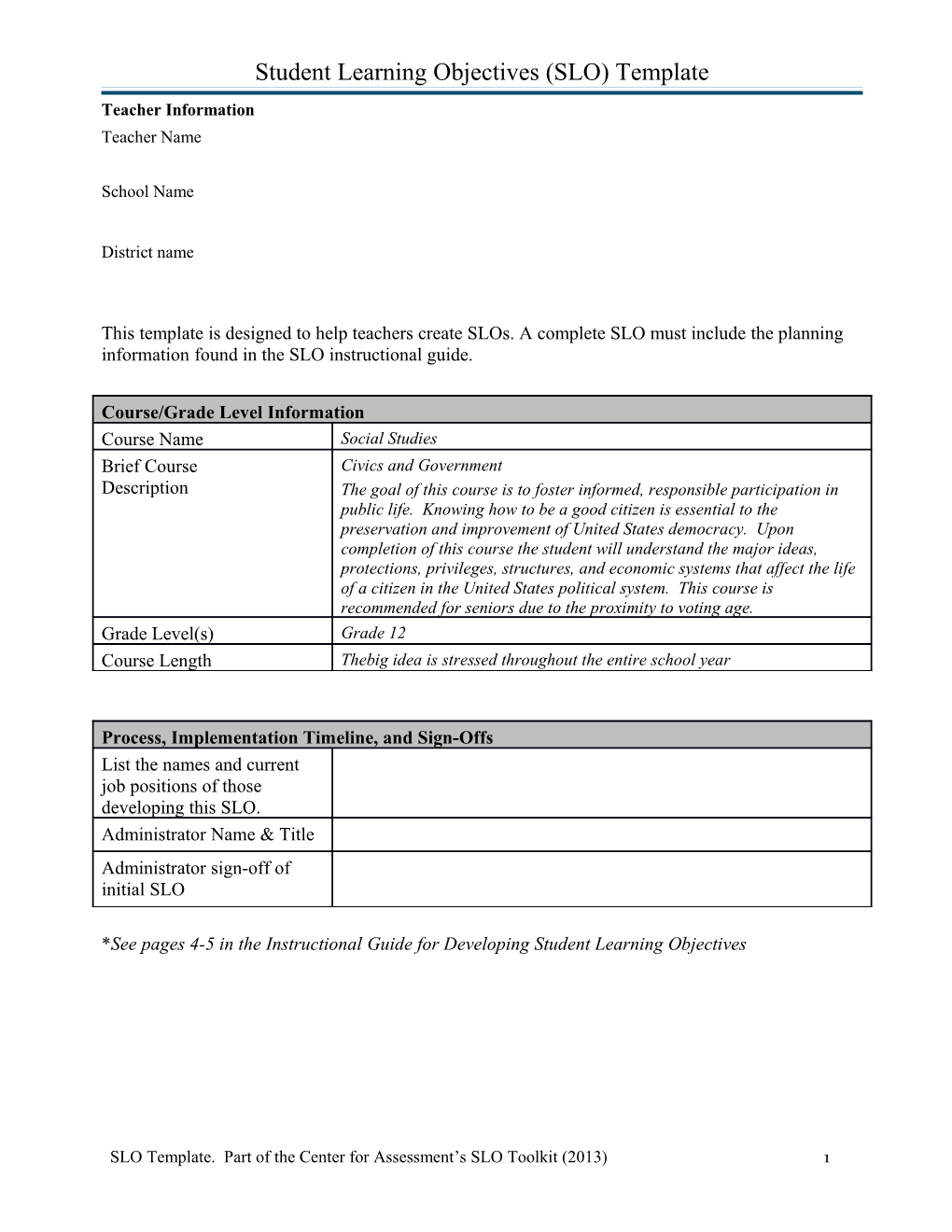 Student Learning Objectives (SLO) Template