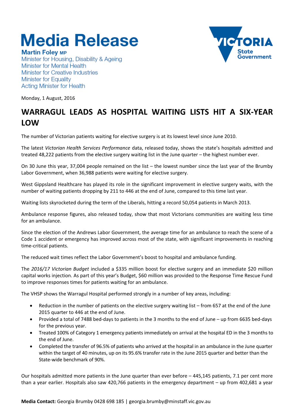 Warragul Leads As Hospital Waiting Lists Hit a Six-Year Low
