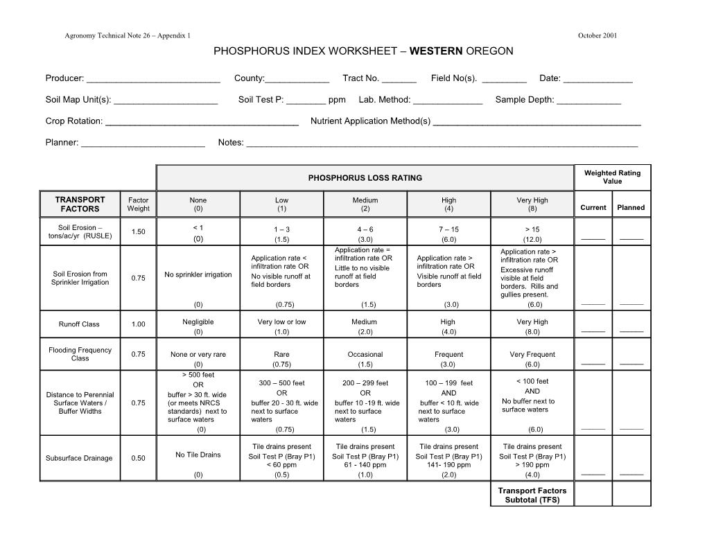 Agronomy Technical Note 26 Appendix 1 PHOSPHORUS INDEX WORKSHEET WESTERN OREGON October 2001 2