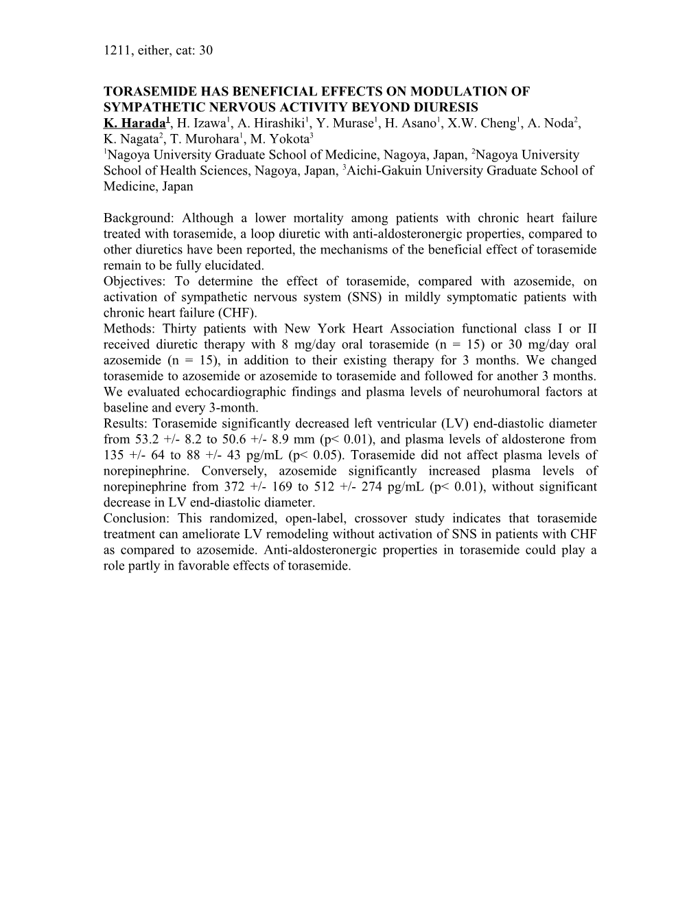 Torasemide Has Beneficial Effects on Modulation of Sympathetic Nervous Activity Beyond Diuresis