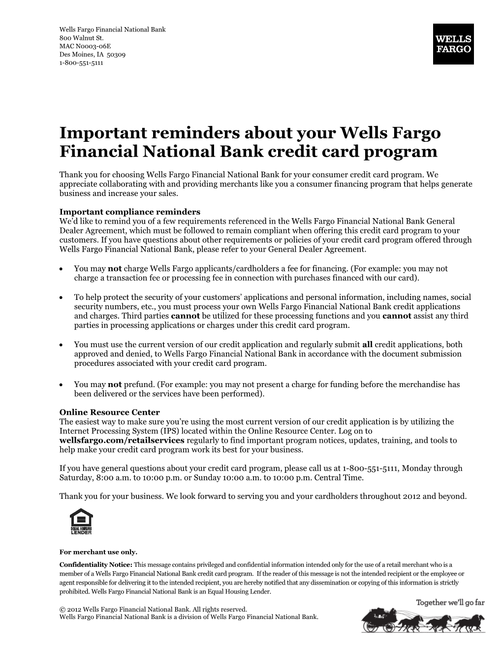 Important Reminders About Your Wells Fargo Financial National Bank Credit Card Program