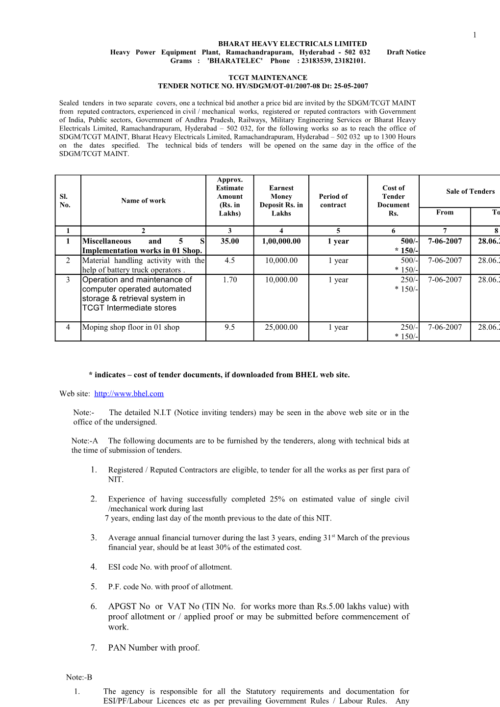 Heavy Power Equipment Plant, Ramachandrapuram, Hyderabad - 502 032 Draft Notice