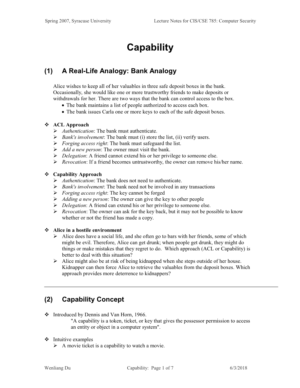 Spring 2007, Syracuse University Lecture Notes for CIS/CSE 785: Computer Security