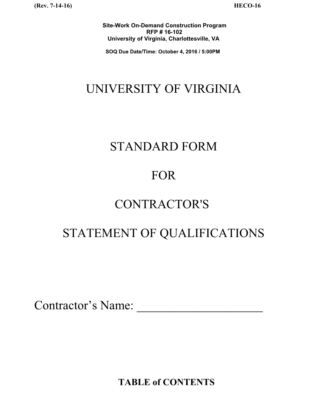 RFP 16-102 Site-Work On-Demand Construction Program