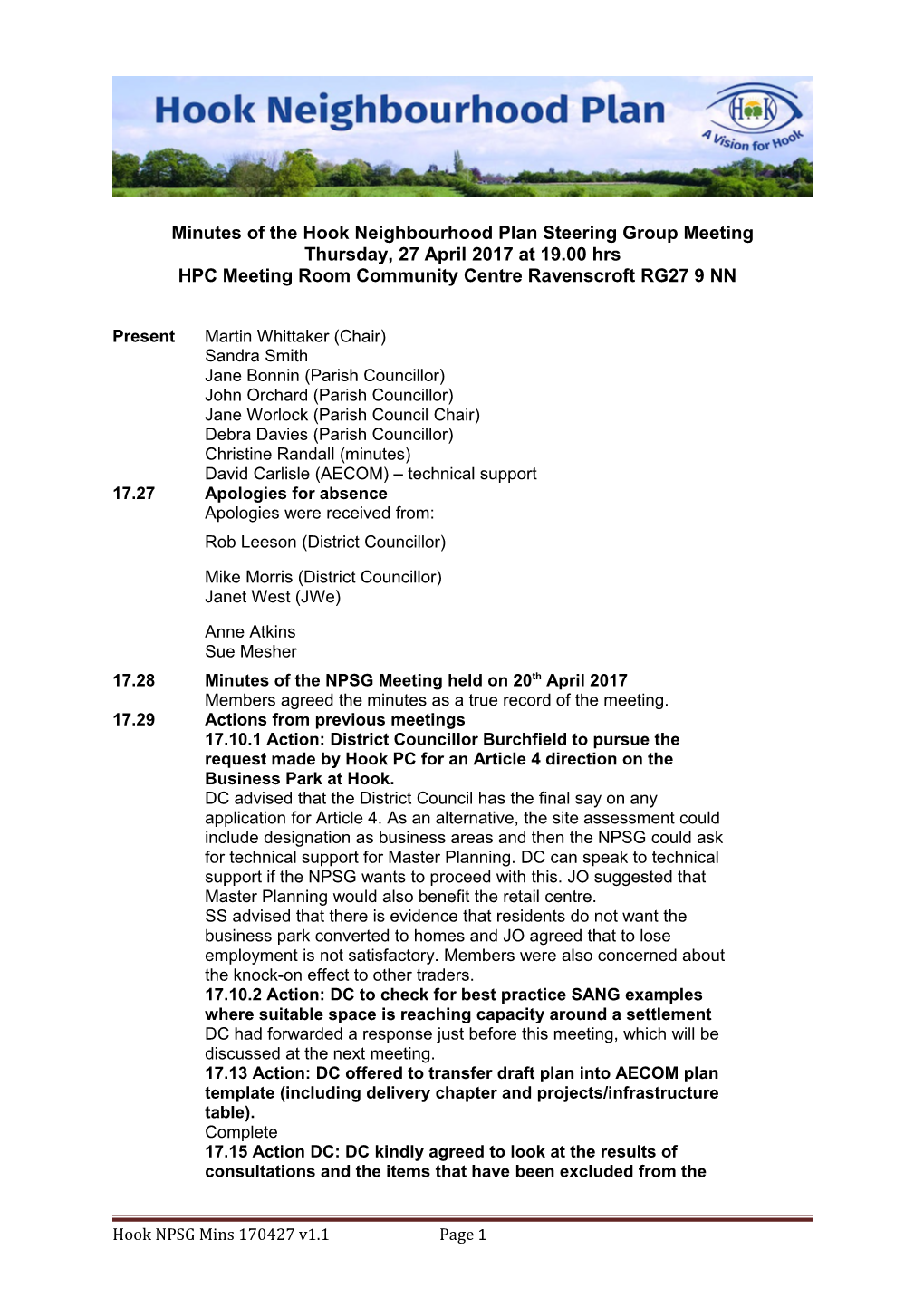 Minutes of the Hook Neighbourhood Plan Steering Group Meeting Thursday, 27 April 2017