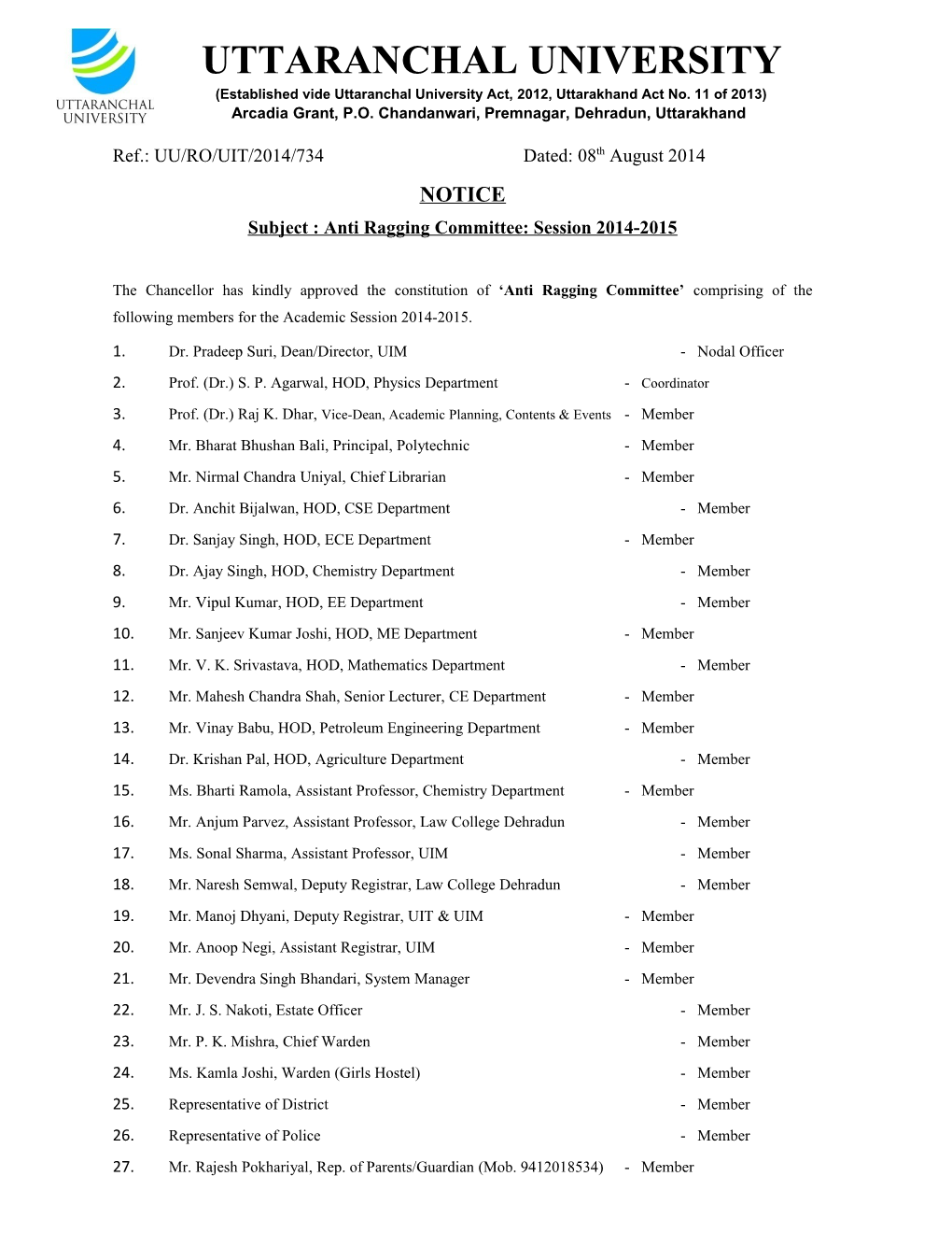 Established Vide Uttaranchal University Act, 2012, Uttarakhand Act No. 11 of 2013