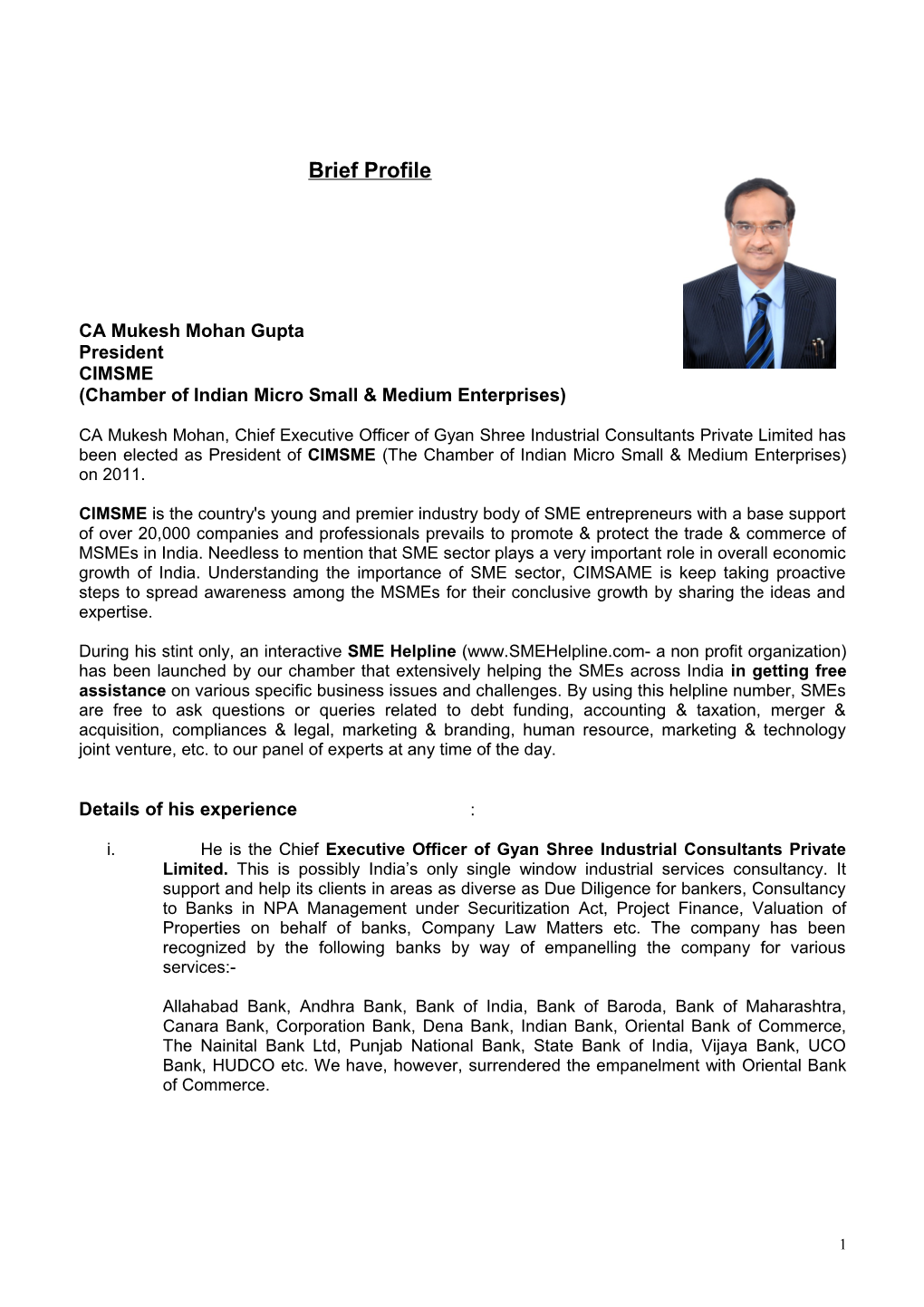 Brief Profile of Mukesh Mohan