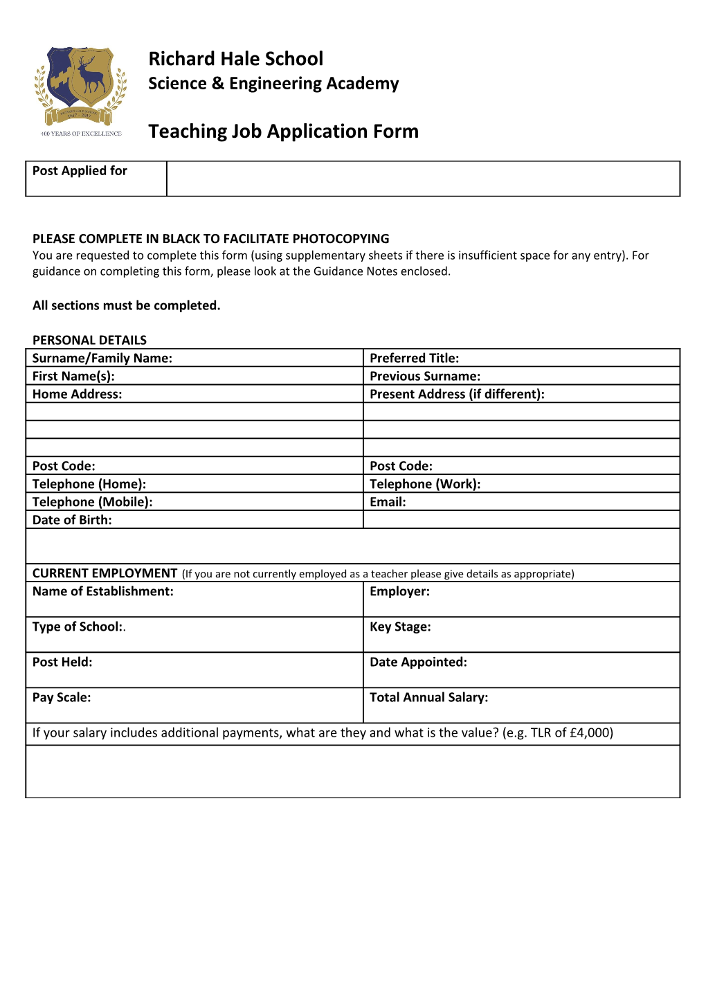 Hertfordshire County Council Job Application Form (Teaching)