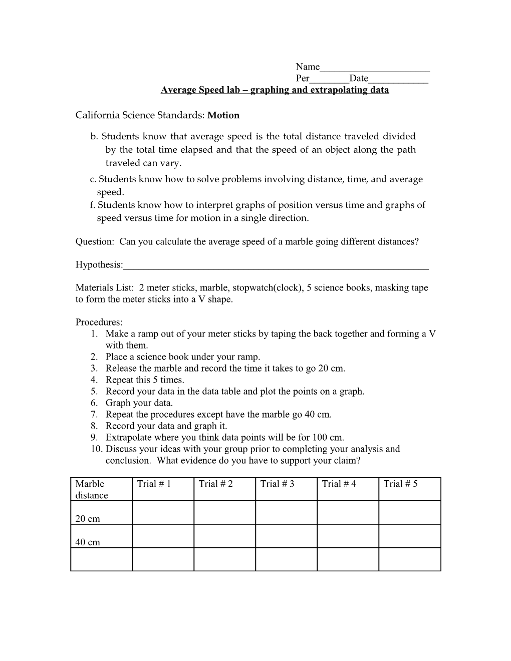 Average Speed Lab Graphing and Extrapolating Data