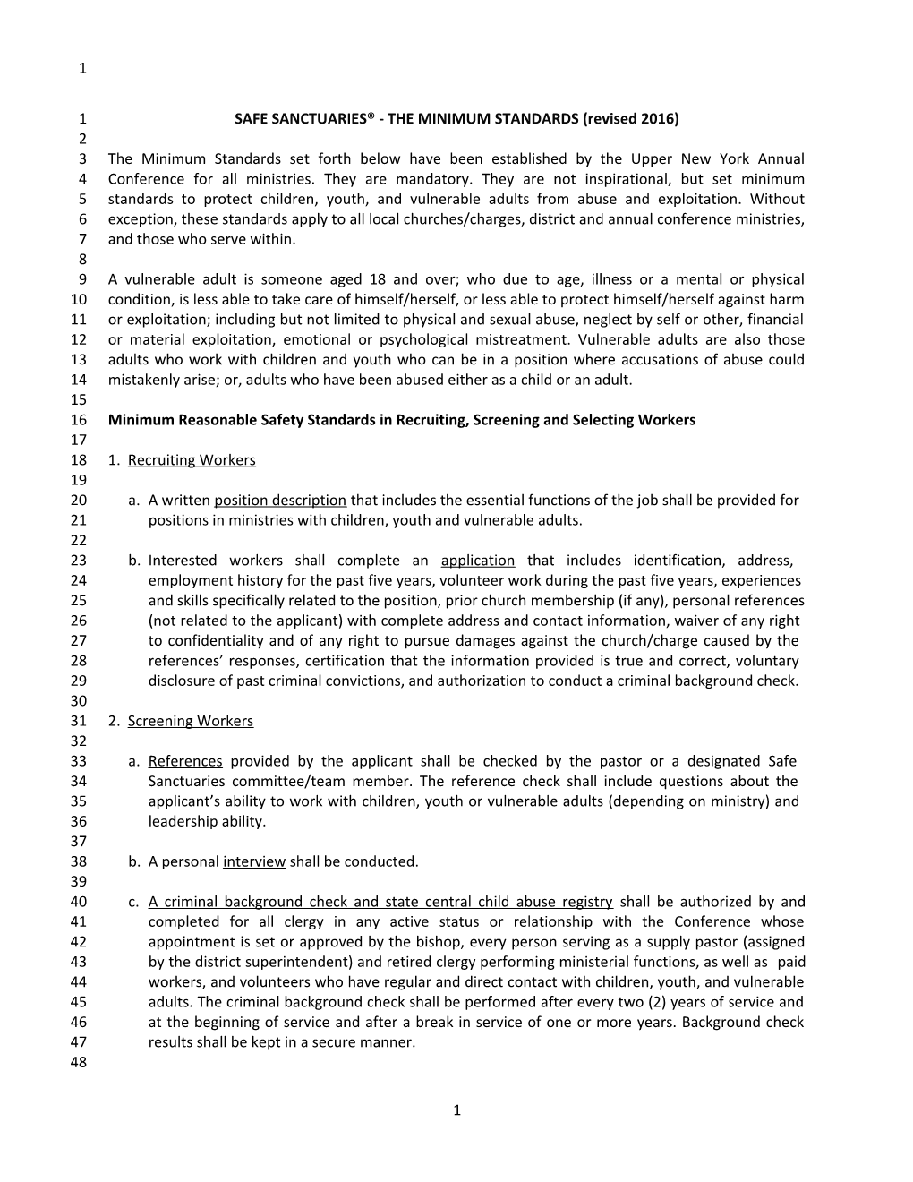 SAFE SANCTUARIES - the MINIMUM STANDARDS (Revised 2016)