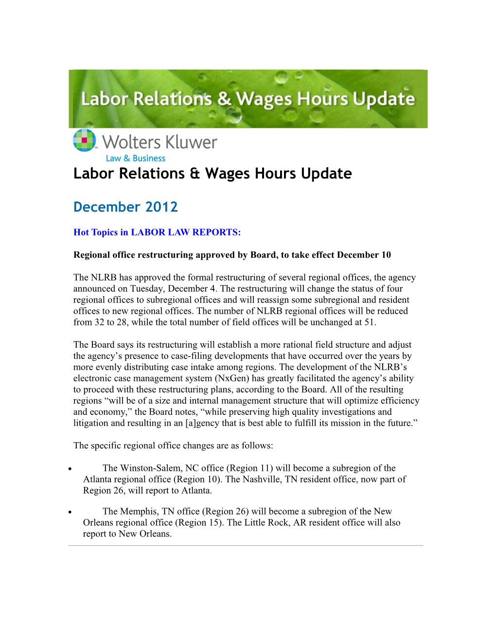 Labor Relations & Wages Hours Update