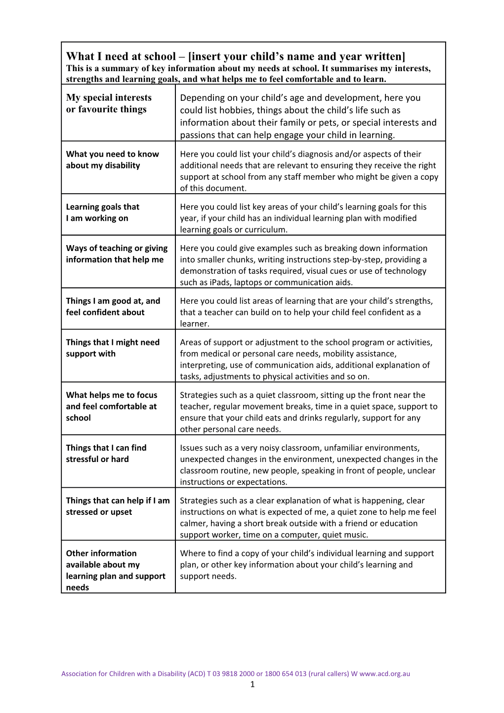Association for Children with a Disability (ACD) T 03 9818 2000 Or 1800 654 013 (Rural
