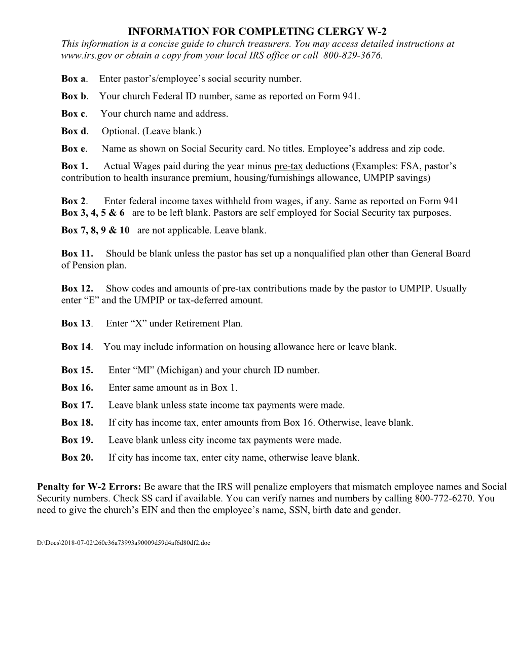 Information for Completing Clergy W-2