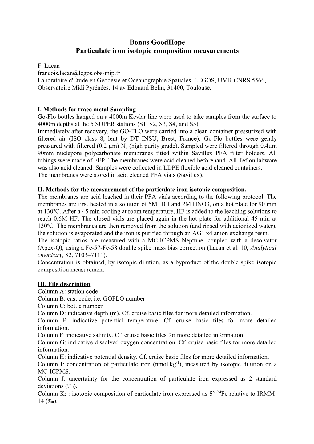 Particulate Iron Isotopic Composition Measurements