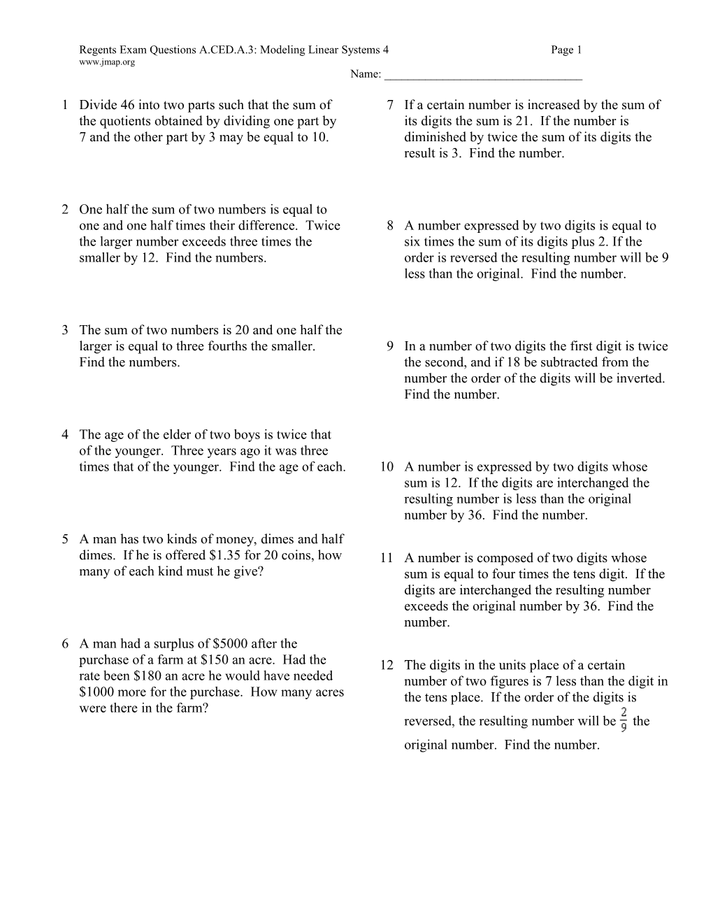 Regents Exam Questions A.CED.A.3: Modeling Linear Systems 4 Page 1