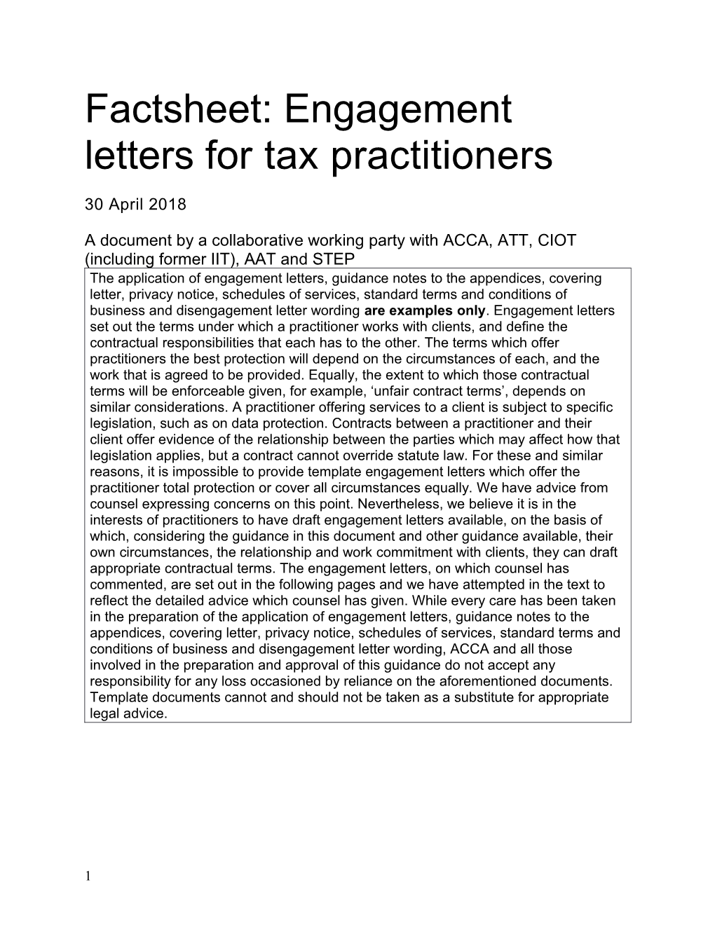 Factsheet: Engagement Letters Fortax Practitioners