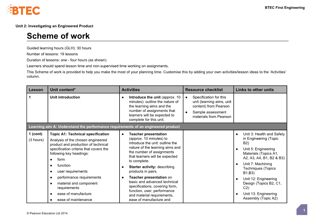 Unit 2: Investigating an Engineered Product - Scheme of Work (Version 2 Sept 14)