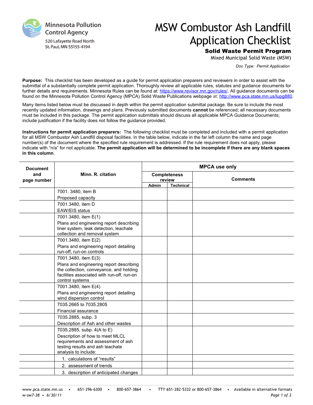 MSW Combustor Ash Landfill Application Checklist - Form