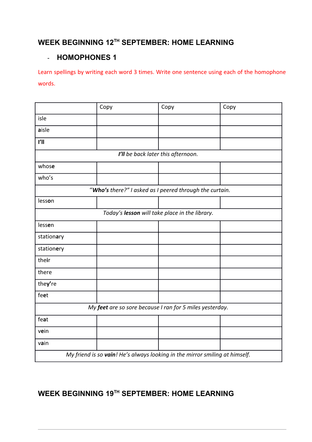 Week Beginning 12Th September: Home Learning