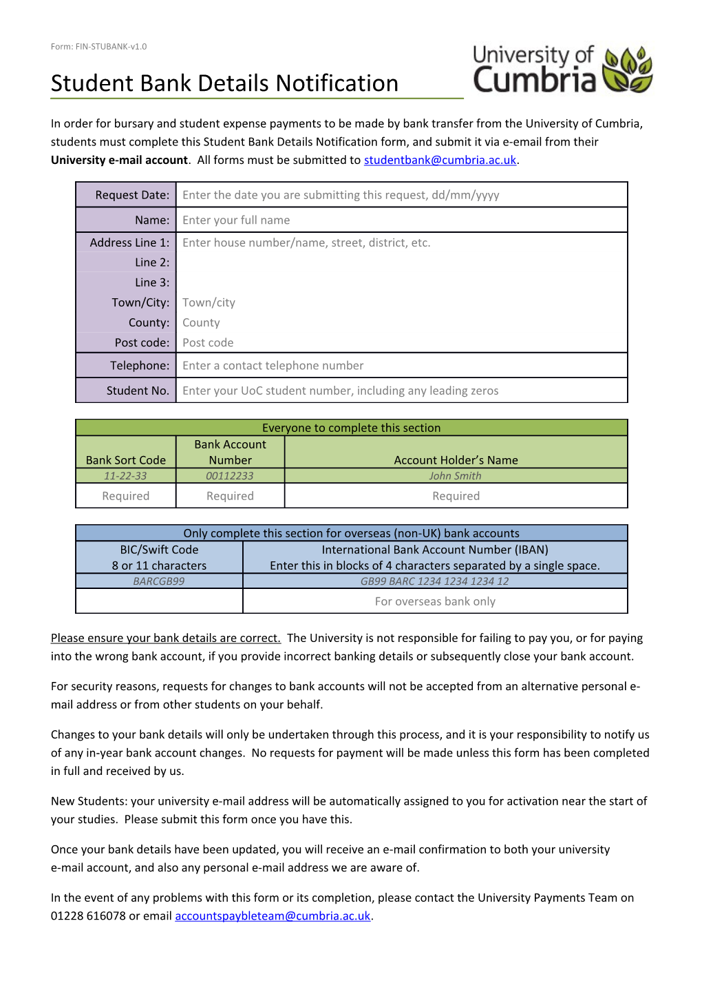 Student Bank Details Notification Form