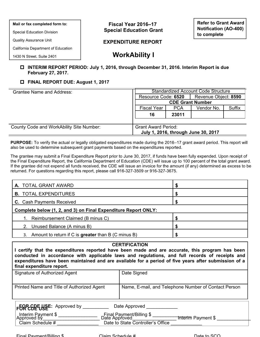 Form-16: Workability I Grant Expenditure Form - Administration & Support (CA Dept of Education)