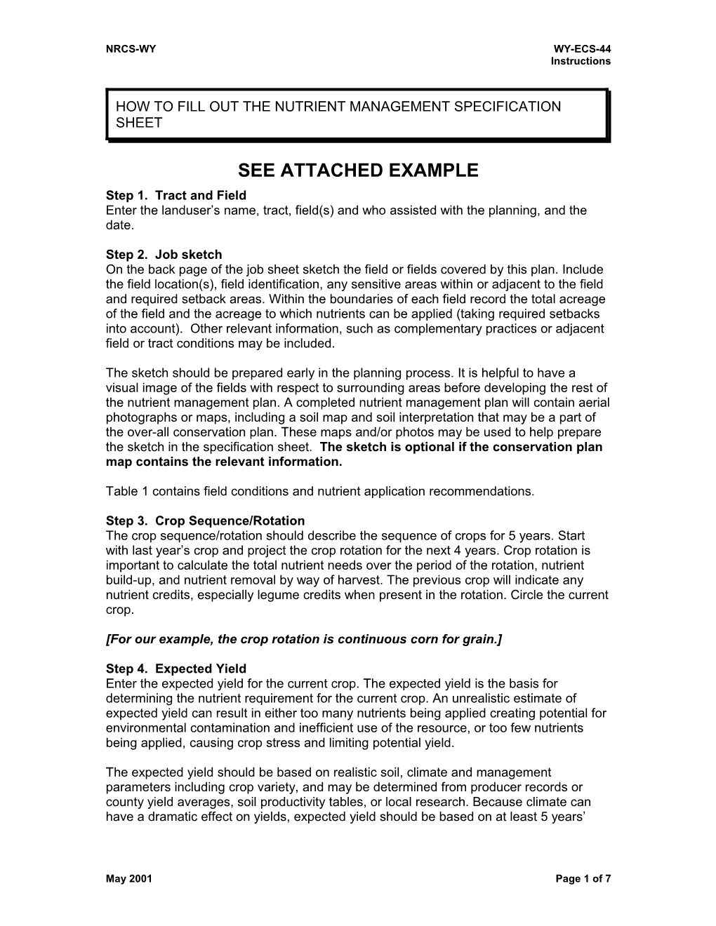 How to Fill out the Nutrient Management Specification Sheet