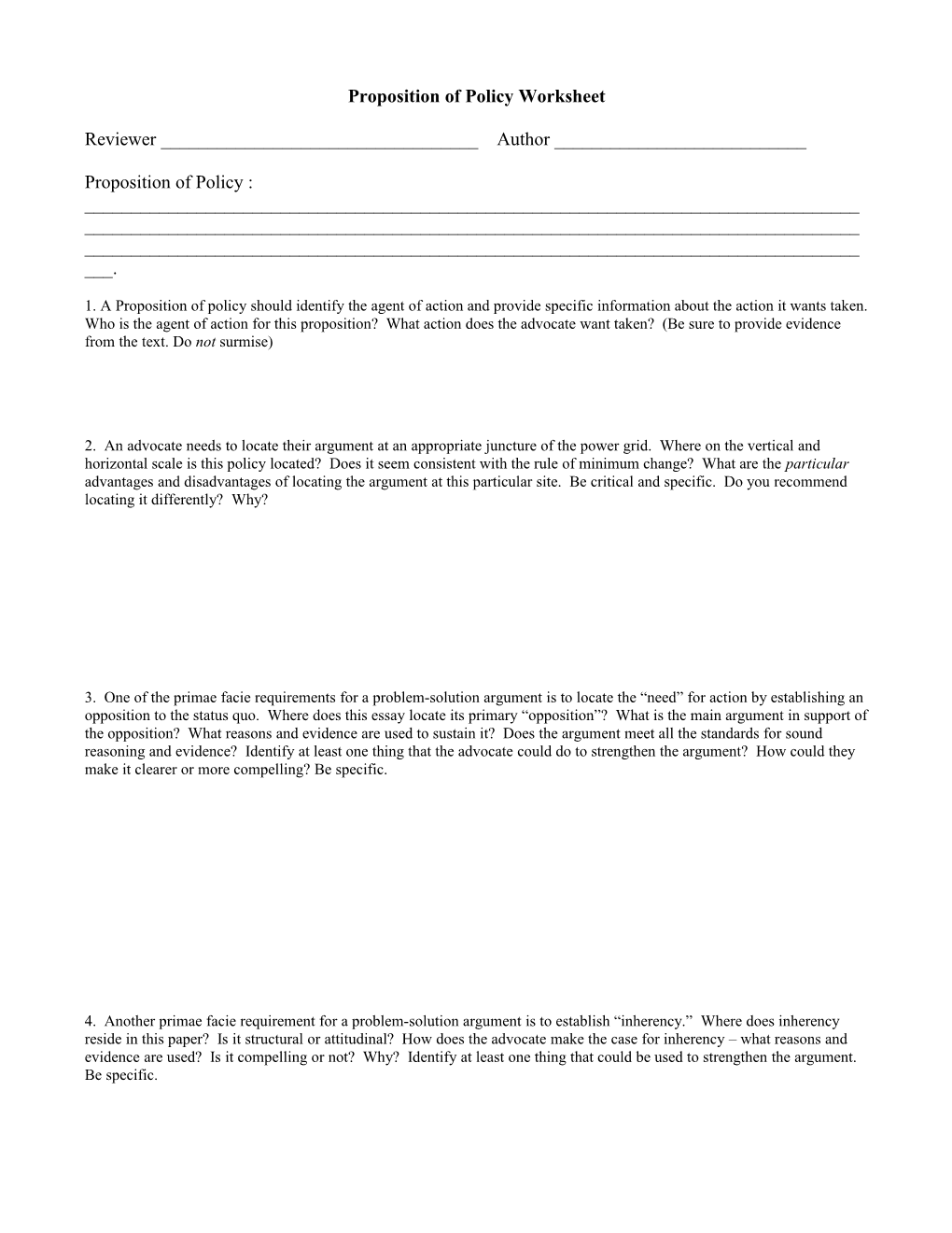 Proposition of Policy Worksheet