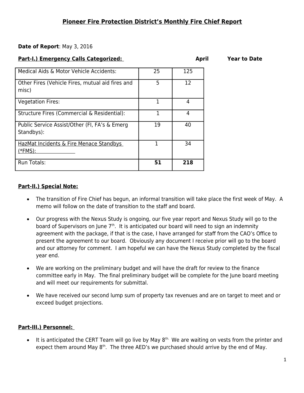 Pioneer Fire Protection District S Monthly Fire Chief Report s1