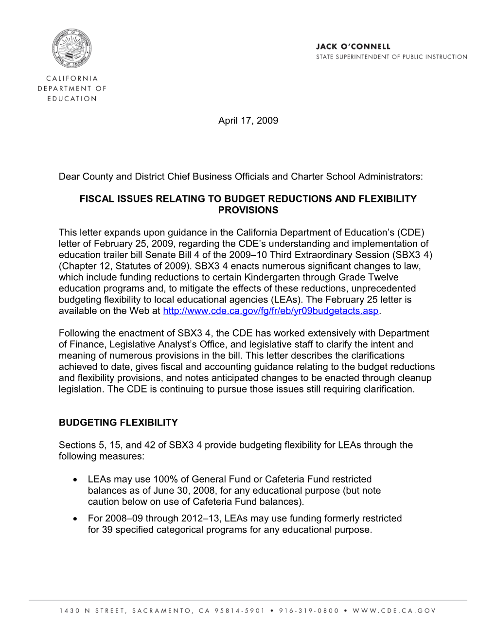 Budget Cuts and Flexibility Fiscal Issues - Correspondence (CA Dept of Education)