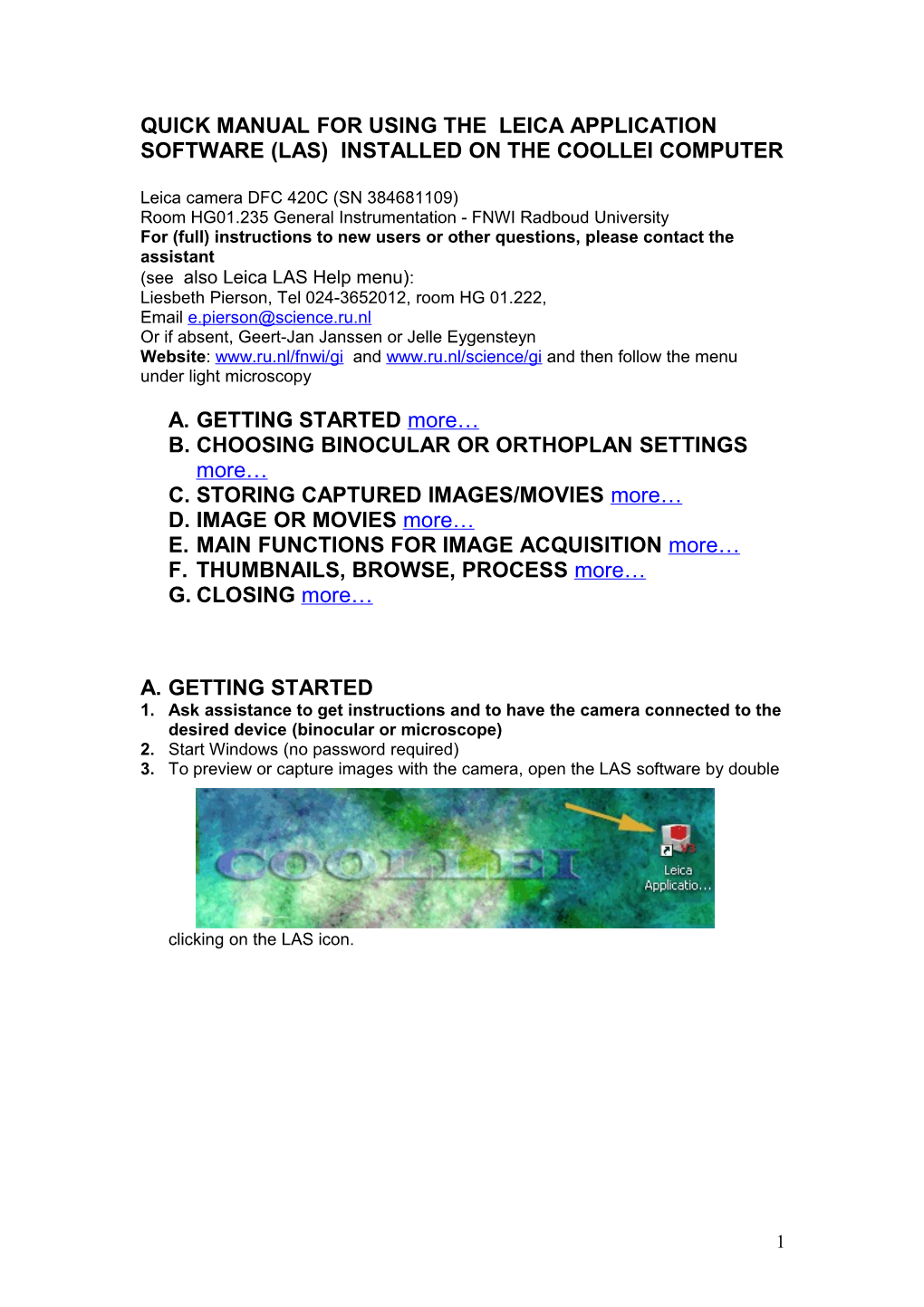 Quick Manual for Using the Leica Application Software (Las) Installed on the Coollei Computer