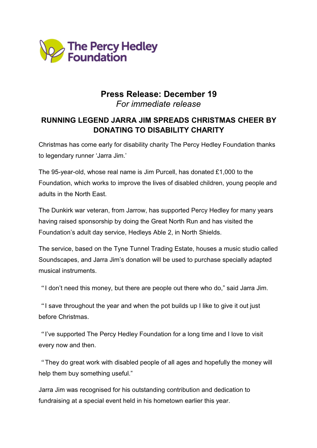 Running Legend Jarra Jim Spreads Christmas Cheer by Donating to Disability Charity