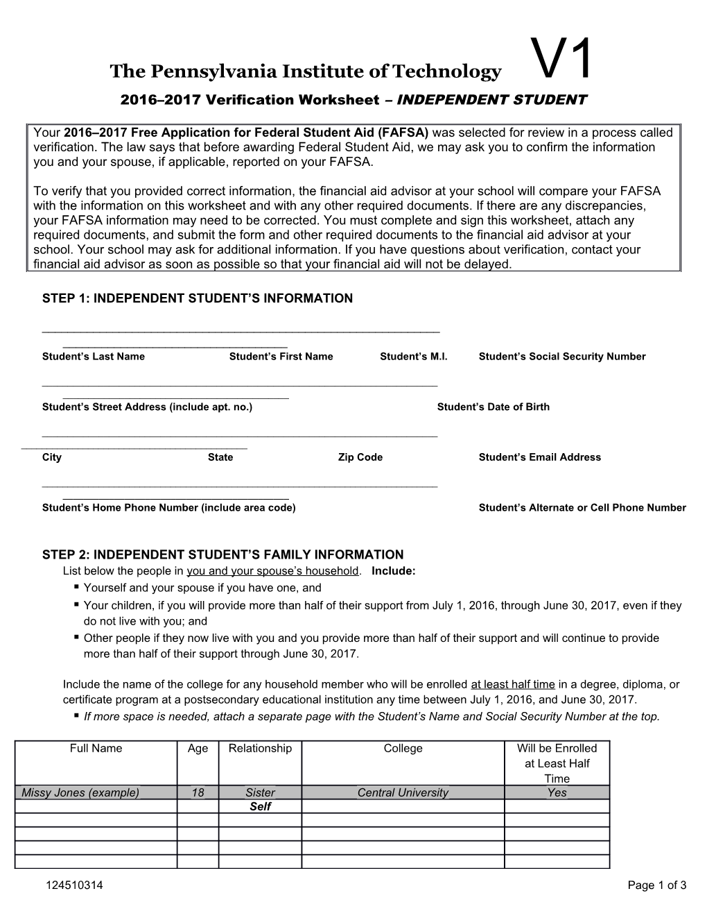 Step 1: Independent Student S Information