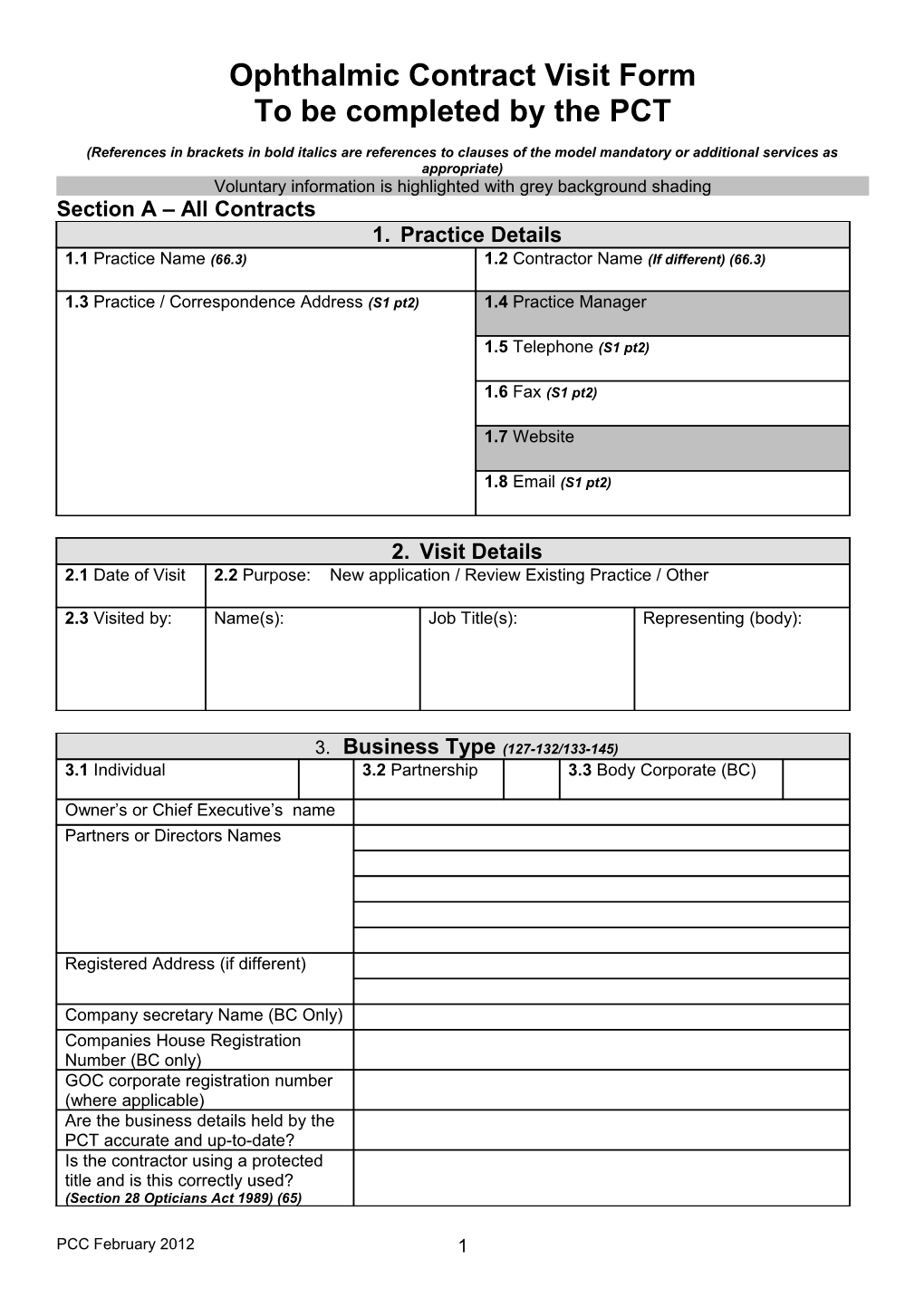 Ophthalmic Contract Visit Form