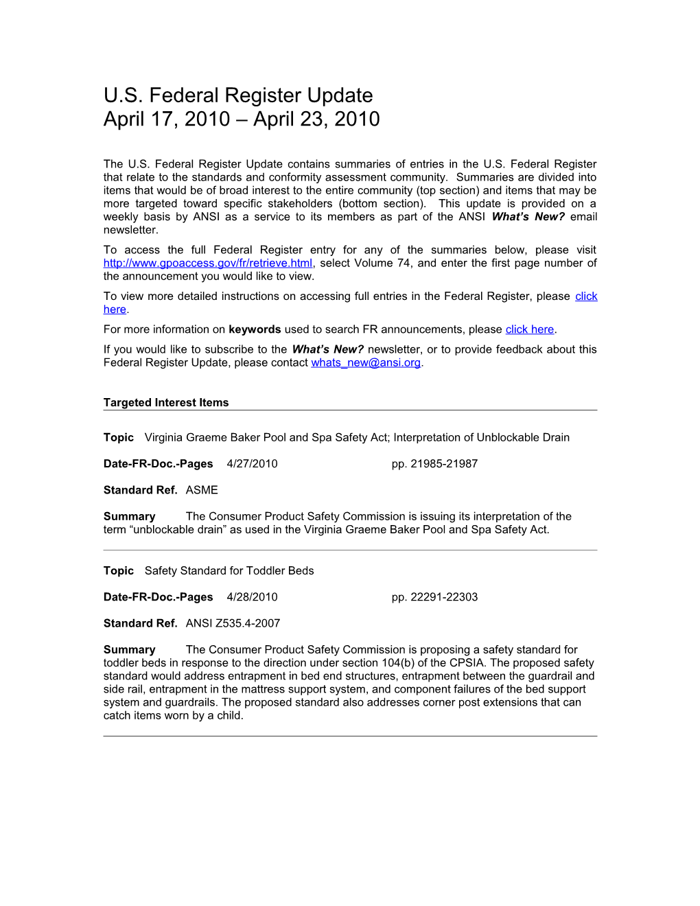Standards and Trade Related Notices from the U.S. Federal Register, 04.30.2010