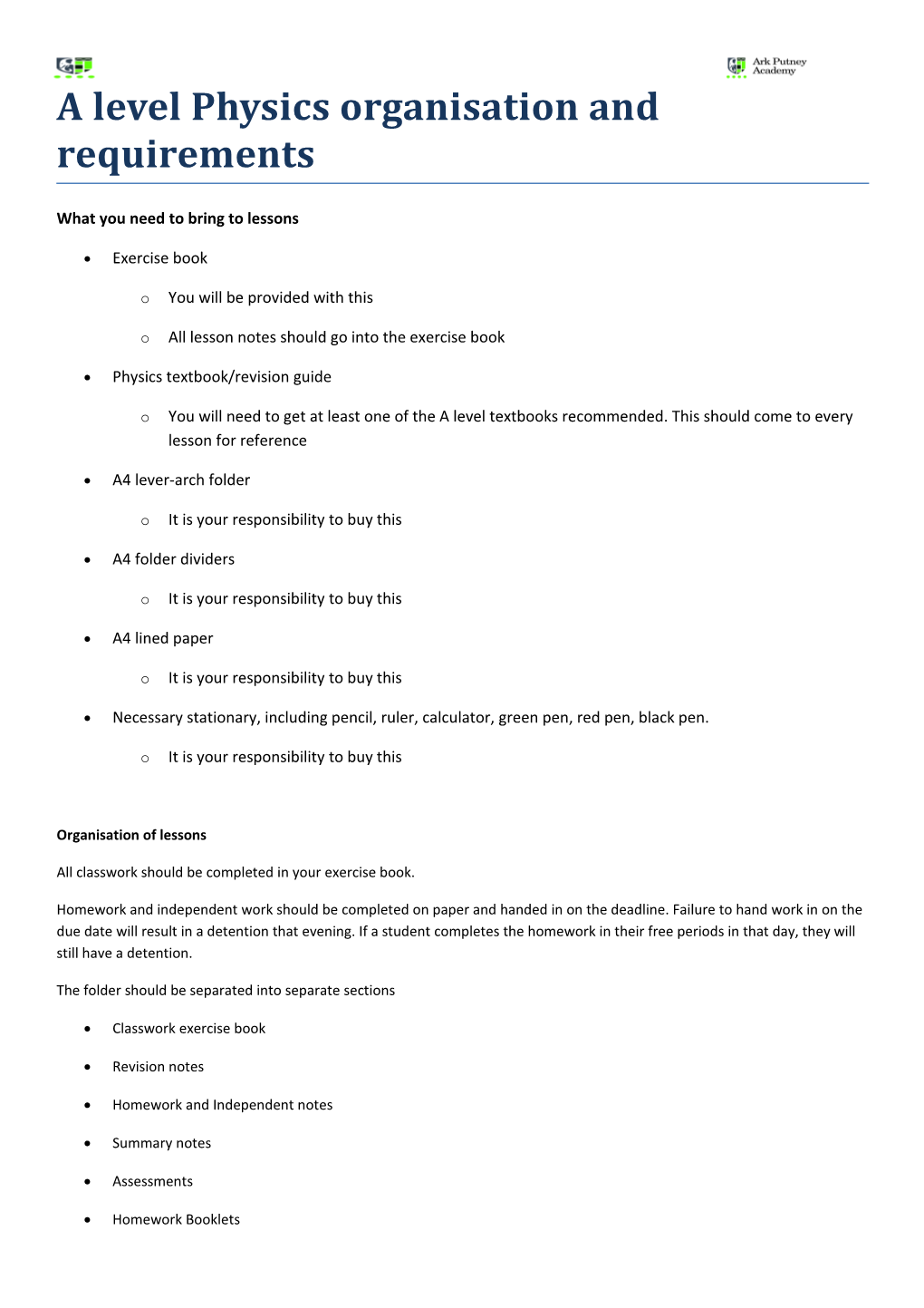 A Level Physics Organisation and Requirements