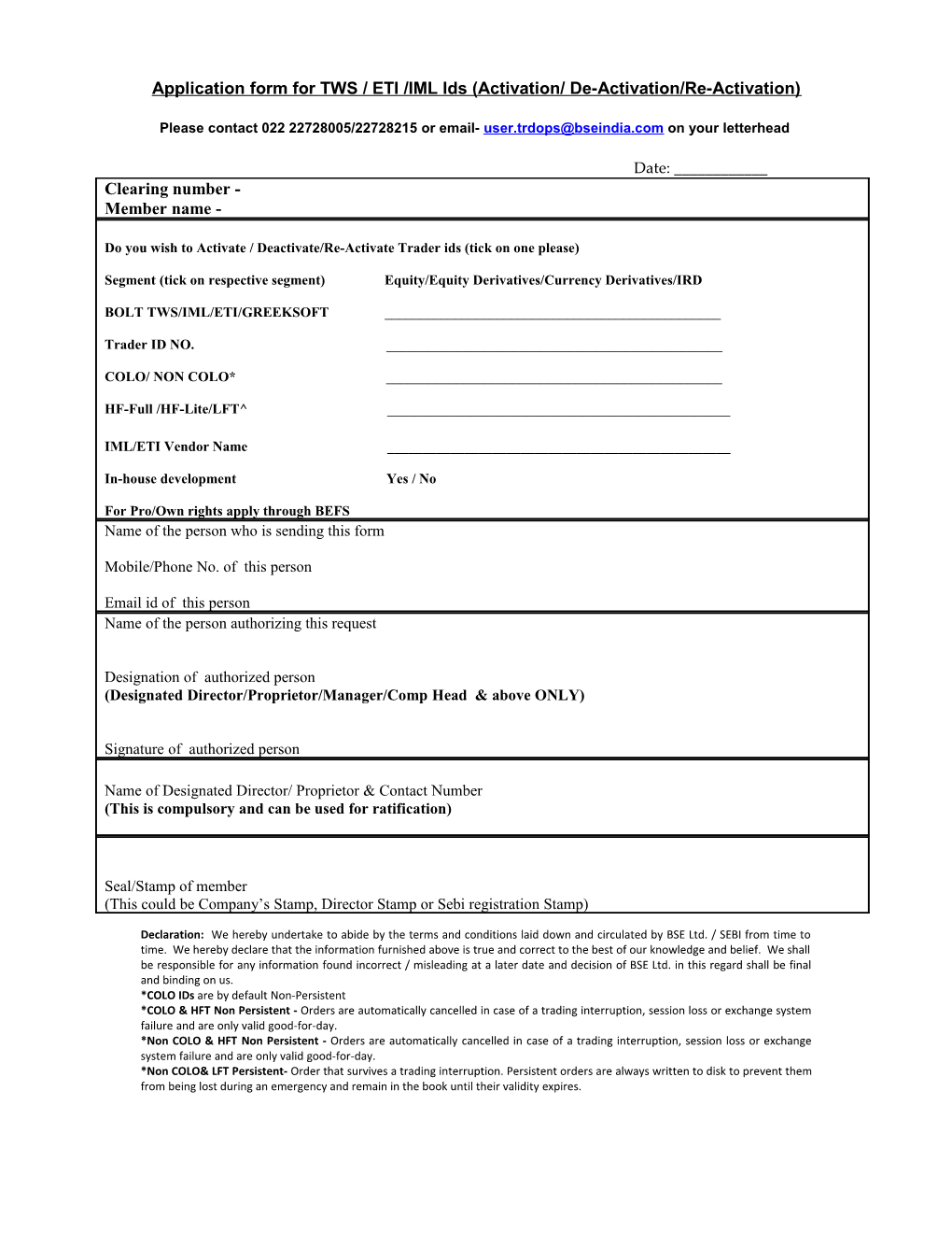 Application Form for TWS / ETI /IML Ids (Activation/De-Activation/Re-Activation)