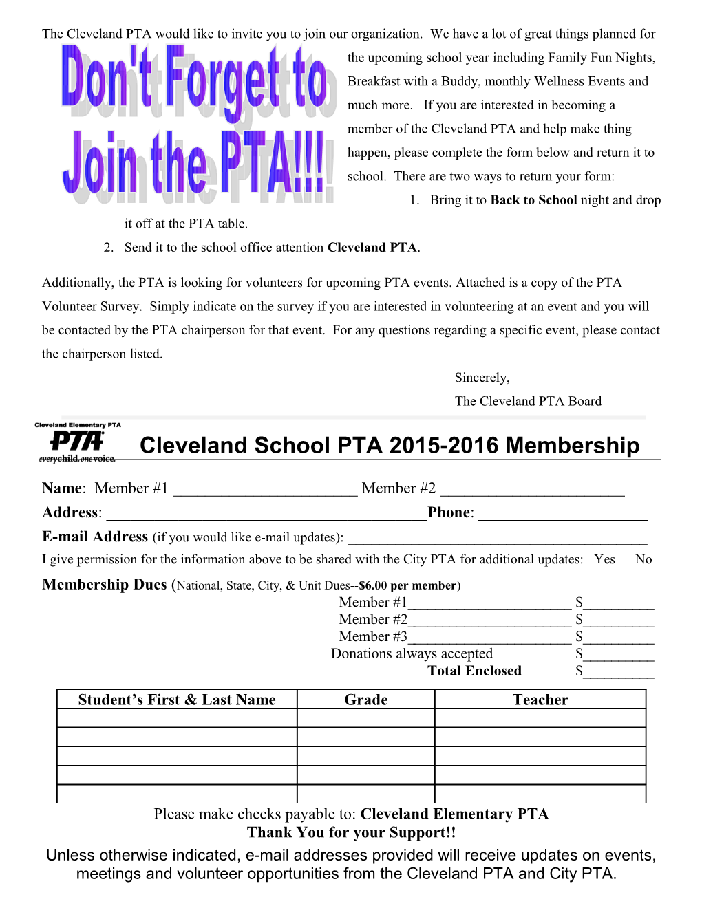 Cleveland PTA Volunteer Resources Survey