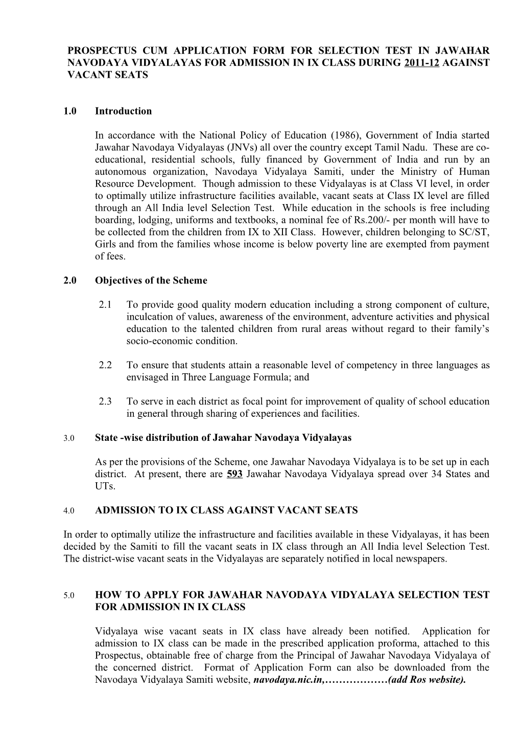 Prospectus Cum Application Form for Selection Test in Jawahar Navodaya Vidyalayas For