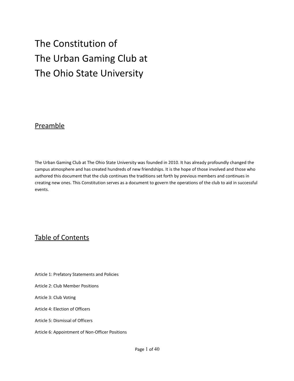 The Constitution of the Urban Gaming Club at the Ohio State University